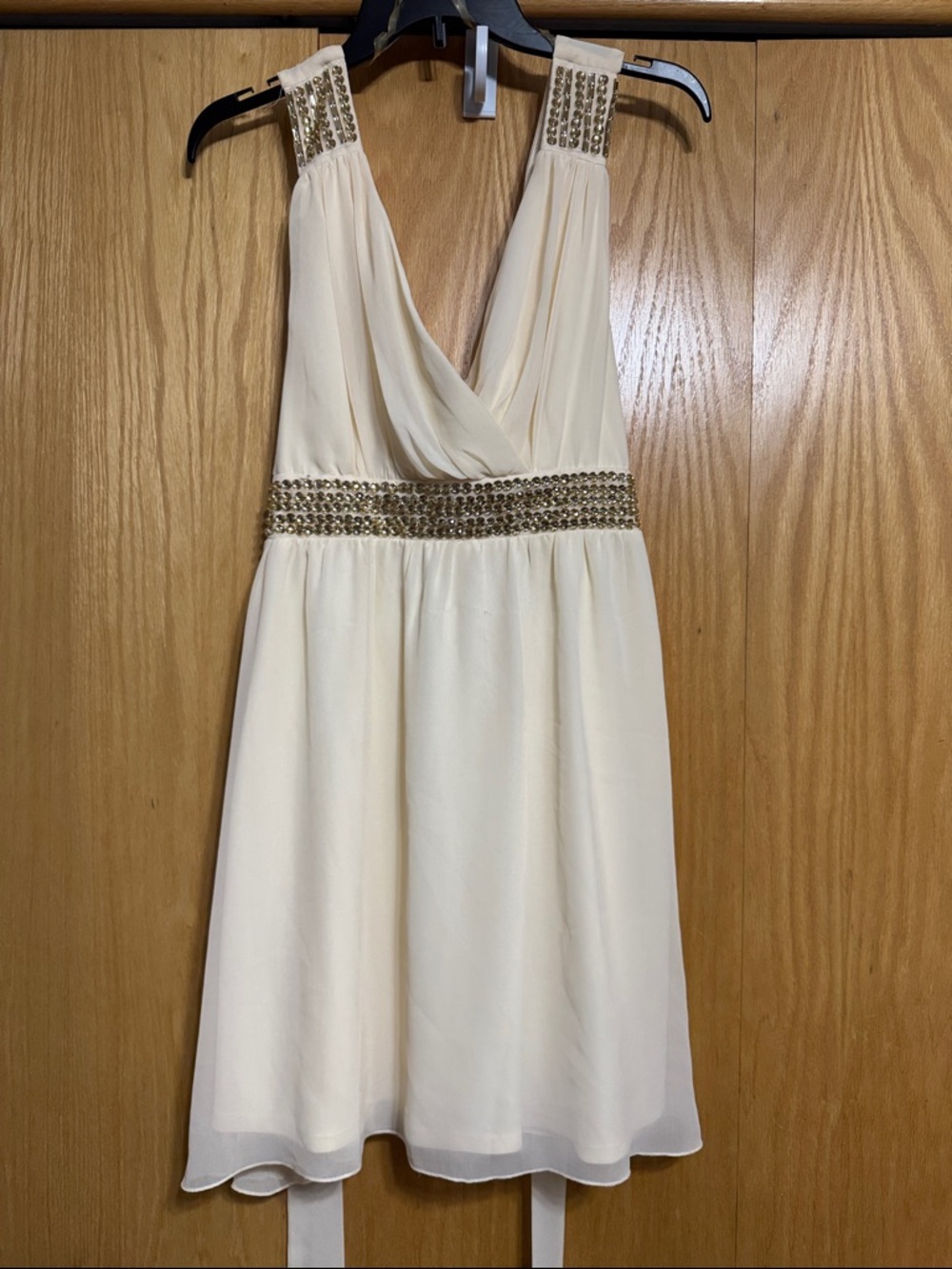 As U Wish Sleeveless Cream V-Neck Cocktail Dress with Beaded Waist